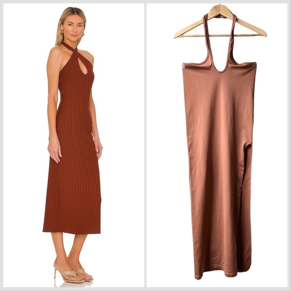 SIMON MILLER Stretch Halter Neck Dress In Coral Sz M/L